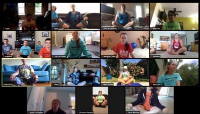 Photo of a screenshot from zoom of virtual camp abilities athletes. Athletes are posing in a seated yoga position. There are 15 frames on the screen of different athletes zooming into virtual camp. 
