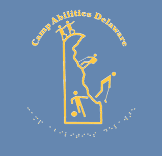 Camp Abilities Delaware Logo with a blue background and yellow highlights. Silhouette of Delware with athletes running, hiking, golfing, and kicking a soccerball off the edges of the state. Camp Abilities Delaware written in braille underneath.