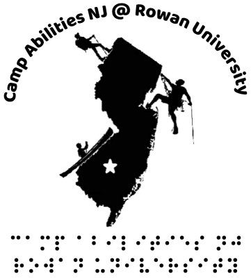 Camp Abilities New Jersey @ Rowan University logo. Silhouette of the state of New Jersey with name of camp arched over the state. A hiker, rock climber, and person canoeing hanging off sides of state. Camp Abilities NJ @ Rowan University written in braille underneath.