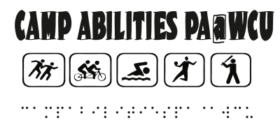 Camp Abilities Pennsylvania at West Chester logo. Silhouette of athletes running, biking, swimming, goalball, and beep baseball in 5 different boxes horizontally across and Camp Abilities PA @ WCU written underneath in braille.