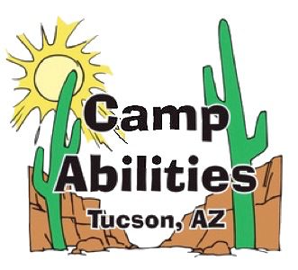 Camp Abilities Tucson Logo. In the background, brown rocks and two green cactuses on the left and right side with a yellow sun in the top left. Camp Abilities in the foreground with Tucson, AZ written underneath in black.