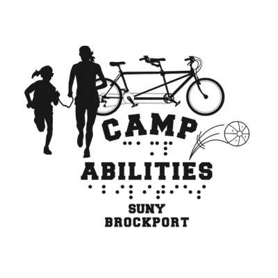 Camp Abilities Brockport Logo. Camp Abilities with braille saying Camp Abilities underneath and SUNY Brockport underneath the braille. Two girls running holding a tether, a tandem bike, and goal ball with bouncing mark.