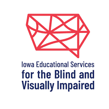 Camp Abilities Iowa Logo using the Iowa Educational Services for the Blind and Visually Impaired logo. A red chat box/word blurb shape with different lines going diagonally across like a spiderweb. Iowa Educational Services for the Blind and Visually Impaired written in blue underneath.