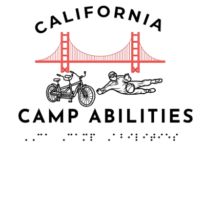 Camp Abilities California Logo with red Golden Gate Bridge under California. Tandem bike and person sliding to block goalball underneath the bridge . Camp Abilities written underneath the bridge and written in braille.