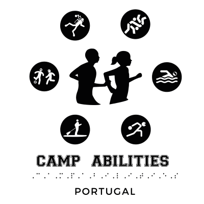 Camp Abilities Portugal Logo with a silhouette of two athletes running in the center. 6 Black circles surround the athletes in the middle representing different sports: scuba diving, martial arts, swimming, goalball, stand up paddle boarding, and soccer. Camp Abilities Portugal written underneath with braille under it.