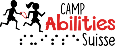 Camp Abilities Switzerland Logo. Silhouette of two athletes running holding a red tether with Camp Abilities Suisse written next to it with braille underneath.