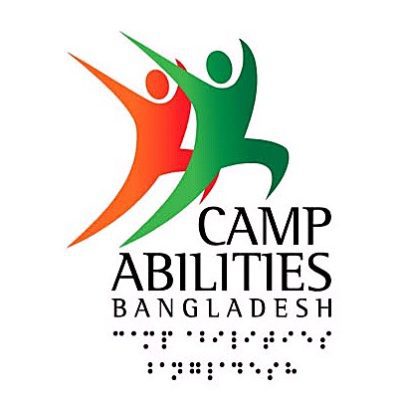 Camp ABilities Bangladesh Logo with outlines of two people with their arms up. One person in the background is orange and the other person is green. Camp Abilities Bangladesh is written underneath in braille.