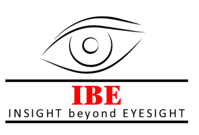 Insight Beyond Eyesight Logo with an outline of an eye with a horizontal black line underneath. IBE written in capital letters and red with Insight beyond Eyesight written underneath.