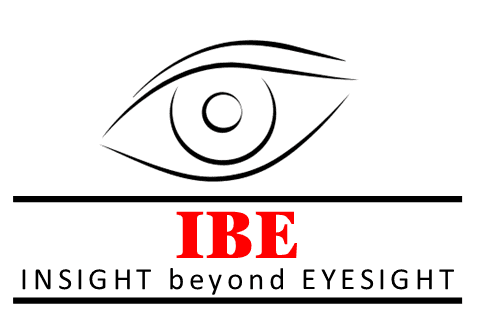Insight Beyond Eyesight Logo with an outline of an eye with a horizontal black line underneath. IBE written in capital letters and red with Insight beyond Eyesight written underneath.