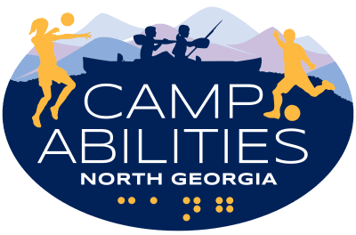 Camp Abilities North Georgia Logo. Logo is shaped in navy blue oval with Camp Abilities North Georgia written in white. Gold silhouettes of athlete throwing ball on the left and athlete kicking ball on the right. Navy blue silhouette of two athletes kayaking in the middle with mountains in the background.