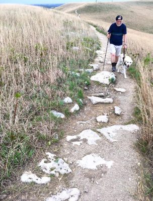 Paul is walking up a rocky trail surrounds by grass and hay. There is water far in the distance of the photo. He is holding his dog's leash in one hand and walking stick in the other hand. 