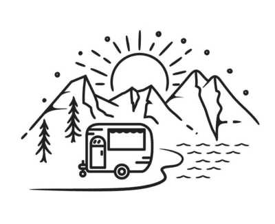 Stock camp photo with sun, mountain, trees, camper, and lake outline. Camp did not send a specific photo featuring and athlete/coach/sport.