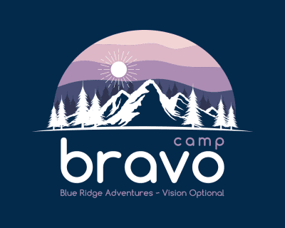Bravo Nantahala Adventure Camp Logo with a navy blue background and a half circle horizon sphere with different shades of purple. Silhouette with mountains, trees, and sun with Camp Bravo Blue Ridge Adventure - Vision Optional written underneath.