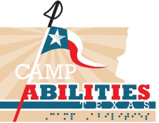 Camp Abilities Texas Logo. Texas flag with cane as pole and child silhouette on right side. Camp Abilities Texas with braille of Camp Abilities Texas written underneath.