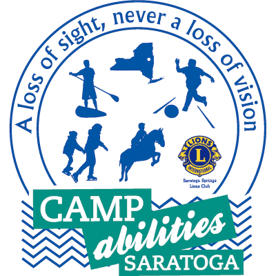Camp Abilities Saratoga Camp Logo. Circle filled with silhouettes of different sports and activities: Ice skating, horseback riding, bowling, NY state, stand-up paddle boarding and Saratoga Lions Club logo inside the circle. A loss of sight, never a loss of vision written on the outside of the circle. Camp Abilities Saratoga written underneath the circle with chevron stripes behind it.